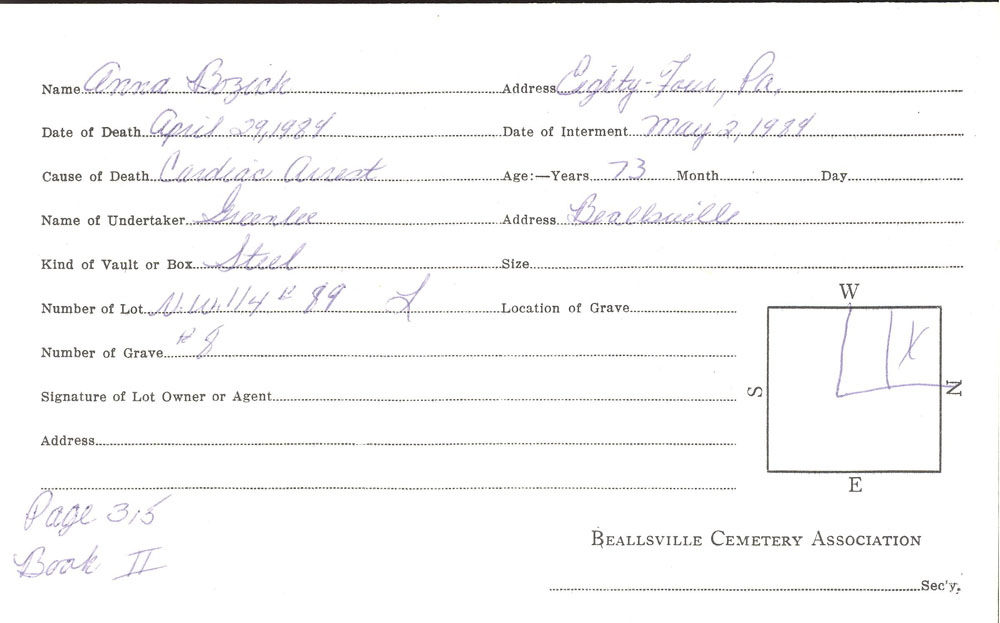 Anna Bozich burial card
